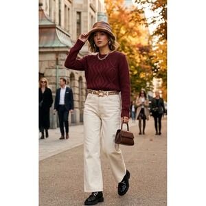 Lands End Drifter Cable Knit Sweater Burgundy Wine Red Cotton Crewneck Large P